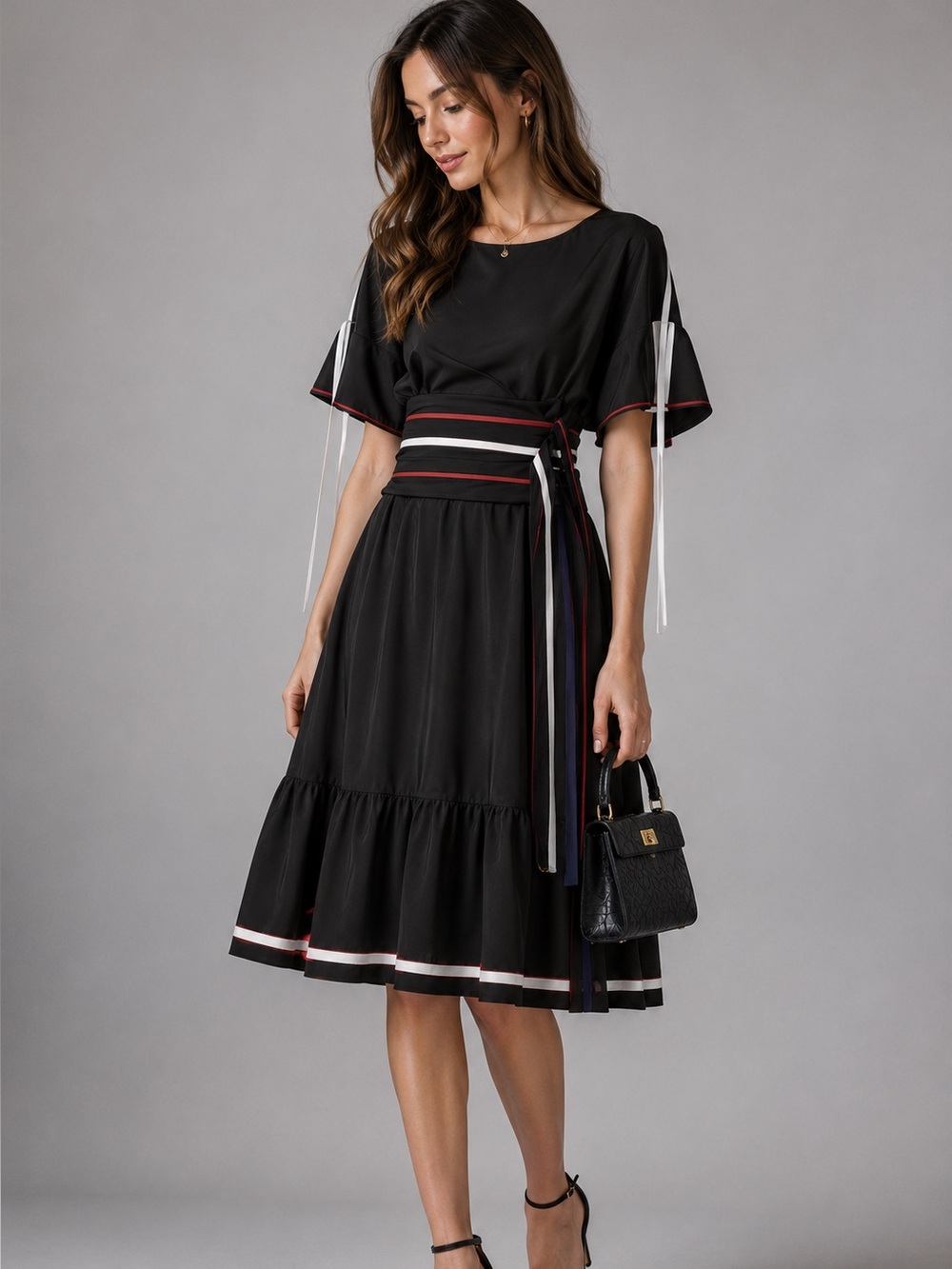 Smarteez Silk Short Sleeve Ribbon Dress Black Italian 0 XS Black Red kimono silk